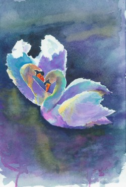 Ever Together Original watercolour of two Swans, mated for life with heart motifs repeated in the composition marriage longevity purple yellow warmth wedding