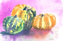 Squashed Original watercolour of a trio of squash providing a playful contrast of colours kitchen cooking orange green purple