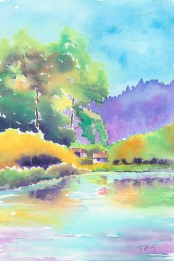 Still Waters original watercolour of a tranquil lake scene in autumn fall with reflected green and orange treen and purple background hills lakeland scene Lake District mountains
