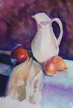 Pear and Jugs Water colour still life catching light falling across cream jug red fruit and cloth with small red jug catching reflection of blue table top