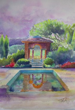 Reflected Folly Italinesque tuscany folly in lush green formal gardens with reflection in pond under a stormy purple sky