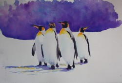 Emperors of the Snow Emperor penguins in Antarctic snowfield with purple summer sky animals birds