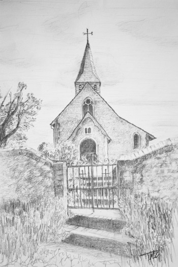 Eartham Church Eartham Church, Sussex Graphite Pencil on Paper 27cm x 36cm Pencil drawing of Eartham Church on summers day showing west end and spire