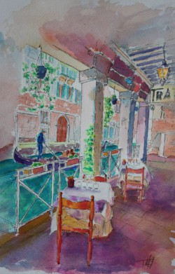 Trattoria Venezia Venice Canalside scene with Gondola and Trattoria