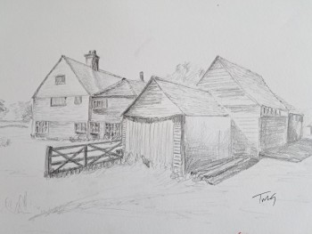 On the Farm Original Drawing of Farmouse and buildings in rural sussex Engish rural scene