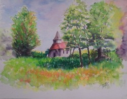 Ancient Roots New Shoots Original watercolour of anancient 11th century church in a rural summer Sussex scene historical summer