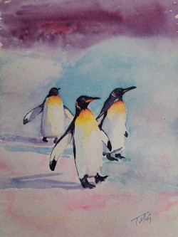 Emperors of the Snow (Triumvirate) emperor penguins in antartctic snowfield in pink blue and purple winter light