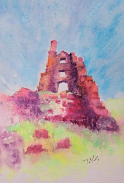 Zen Ore Original watercolour of the ruined engine house at Carn Galver mine Bosigran Cornwall great Zawn commando ridge climbing