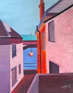 Vanishing Mousehole Duck Lane, Mousehole is an iconic view of a Cornish fishing street and harbour. The textures, strong lines and blocks of perspective deserved a simple abstract treatment with the warm rich glow of evening light.