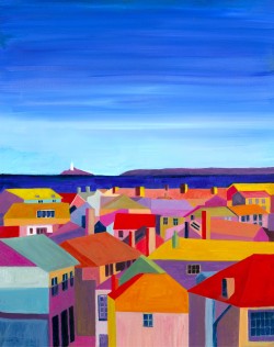 St Ives Angles Inspired by the light of a Cornish summer this is the view from Tate St Ives across the geometric shapes and angles of roof tops, over the deep blue of Carbis Bay to the white sentinel of Godrevy Lighthouse