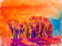 Trooping the Colour Trooping The Colour Original Watercolour depicting troop of elephants in savanna dusk light created with neon watercolours to enhance the warm evening light